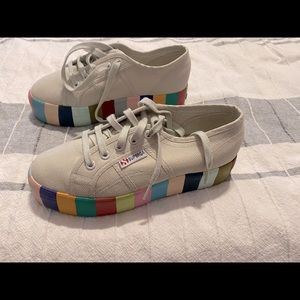 Superga rainbow platforms, size 37. Tan top.